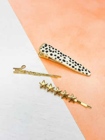 Textured Leather Hair Clip Set of 3 - Spotted